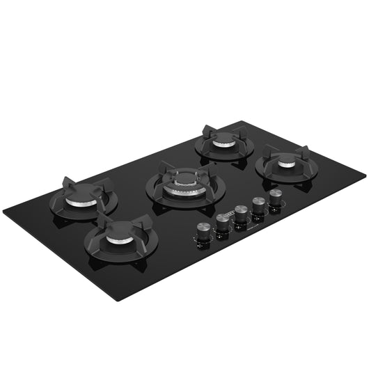 Defy 90cm 5 Burner Built-in Gas-On-Glass Hob with Wok - Black - DHG905