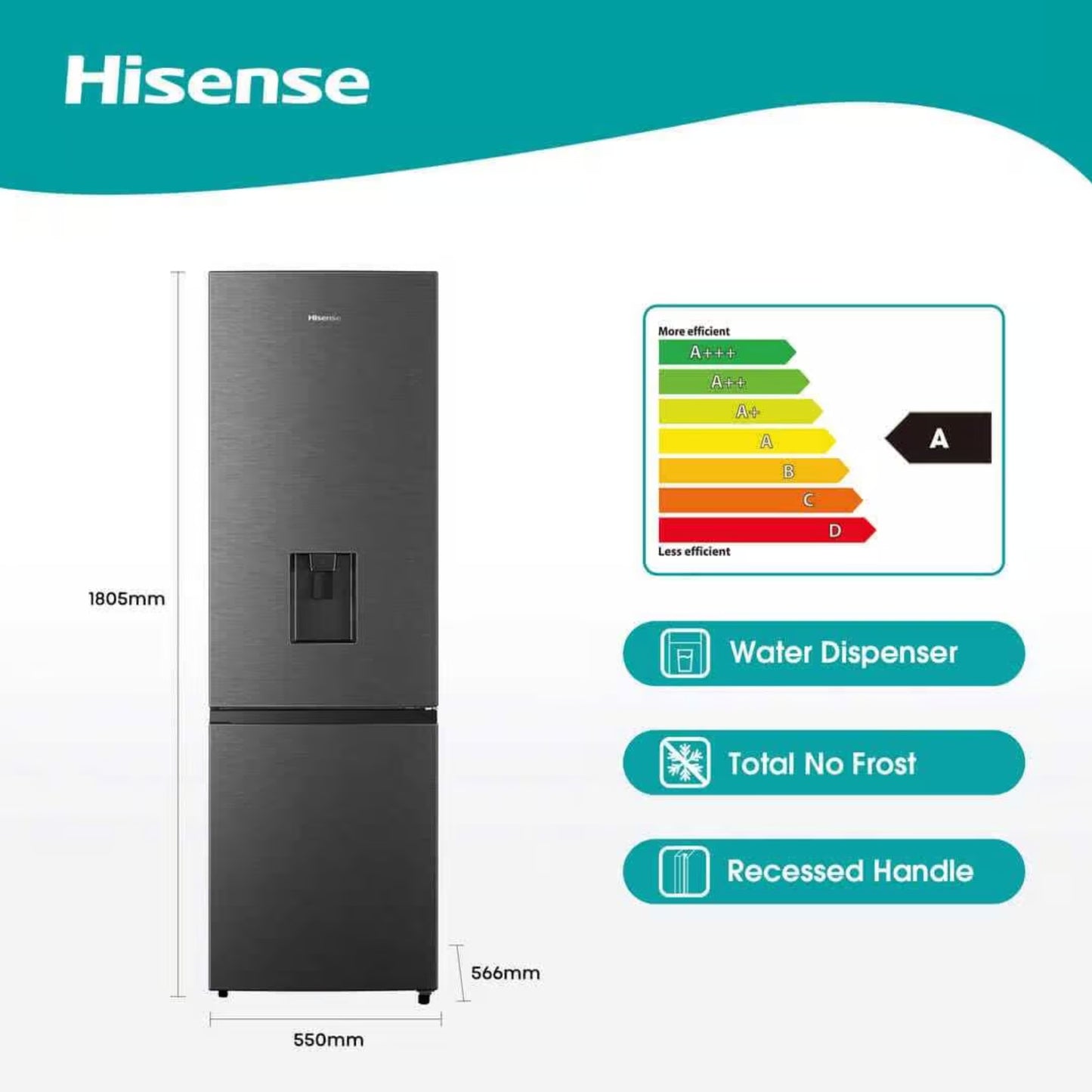 Hisense 263L Combi Fridge/Freezer With Water Dispenser - Metallic - H370BIT WD