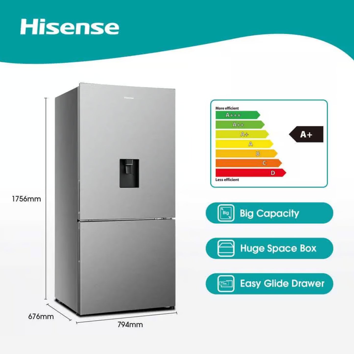 Hisense 463L Combi Fridge/Freezer With Water Dispenser - Metallic - H610BS-WD