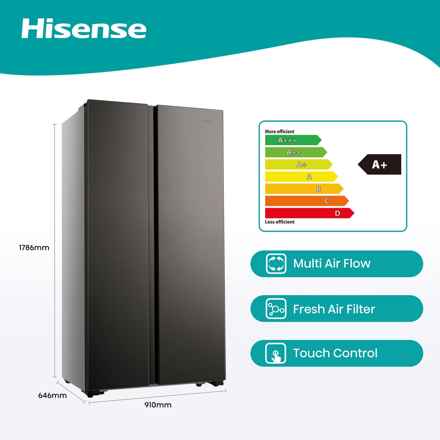 Hisense 518L Side by Side Fridge / Freezer - Metallic - H670SIT
