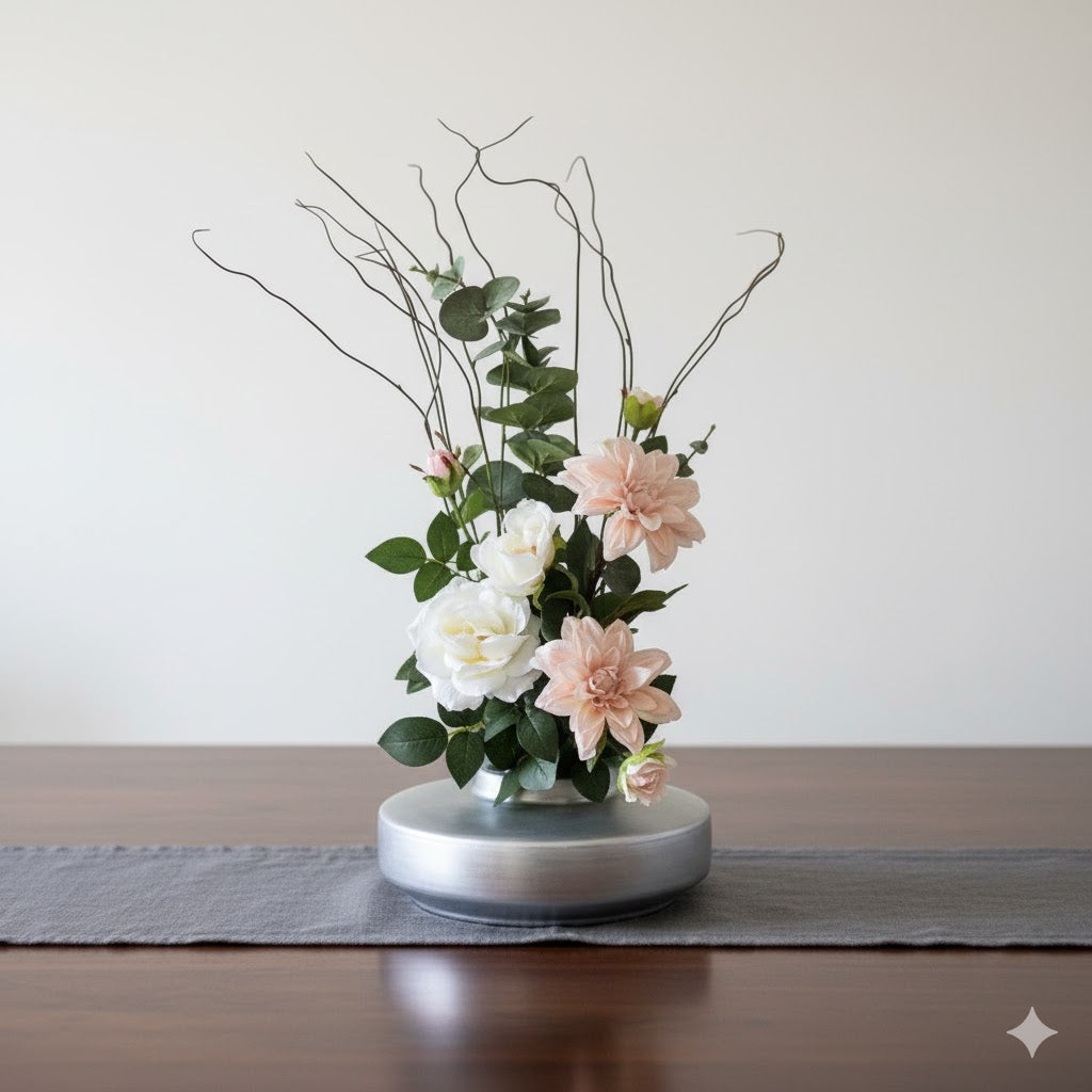 Silver Barrel Vase With Dahlia Rose