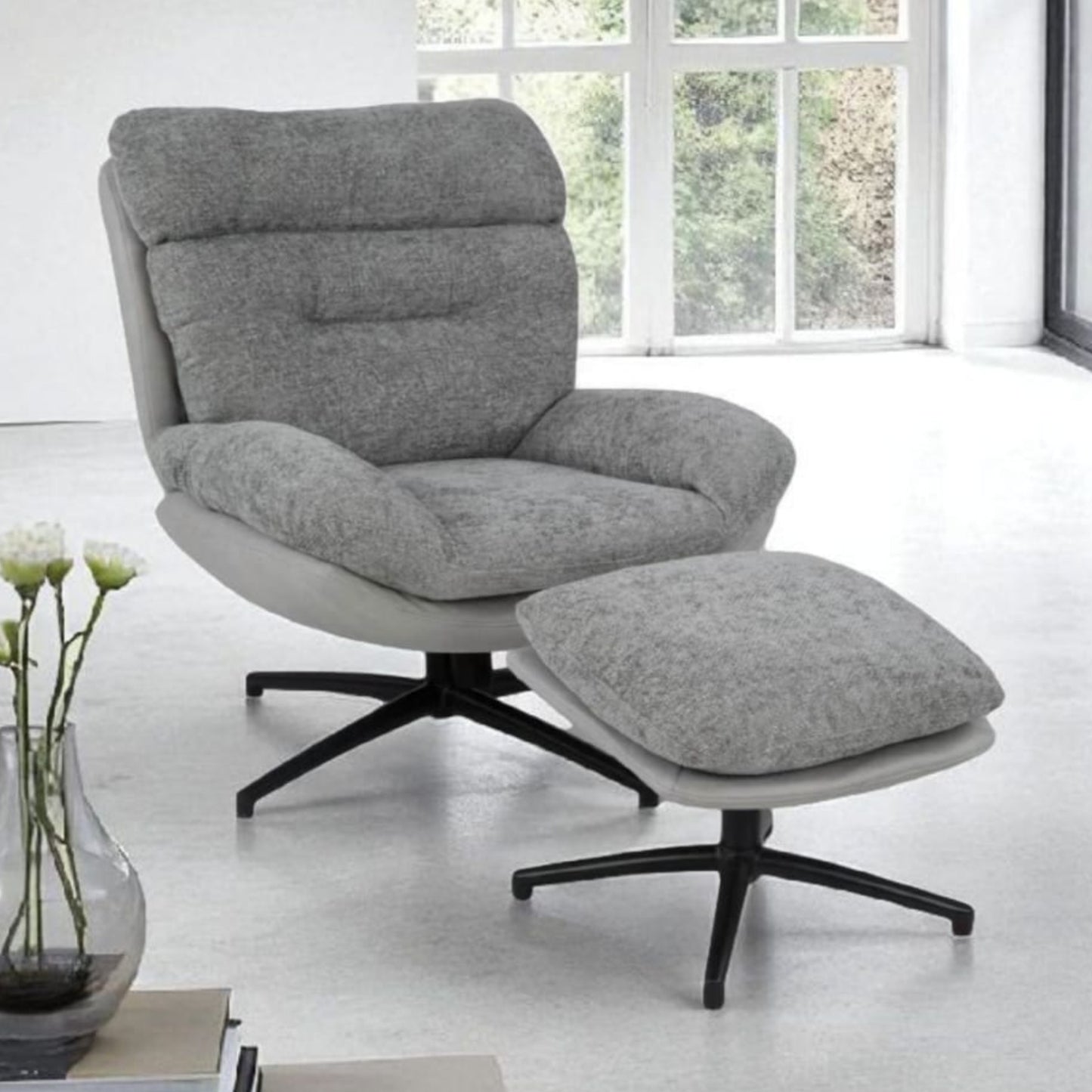 Domonic Swivel Occasional Chair + Foot Stool - Fabric