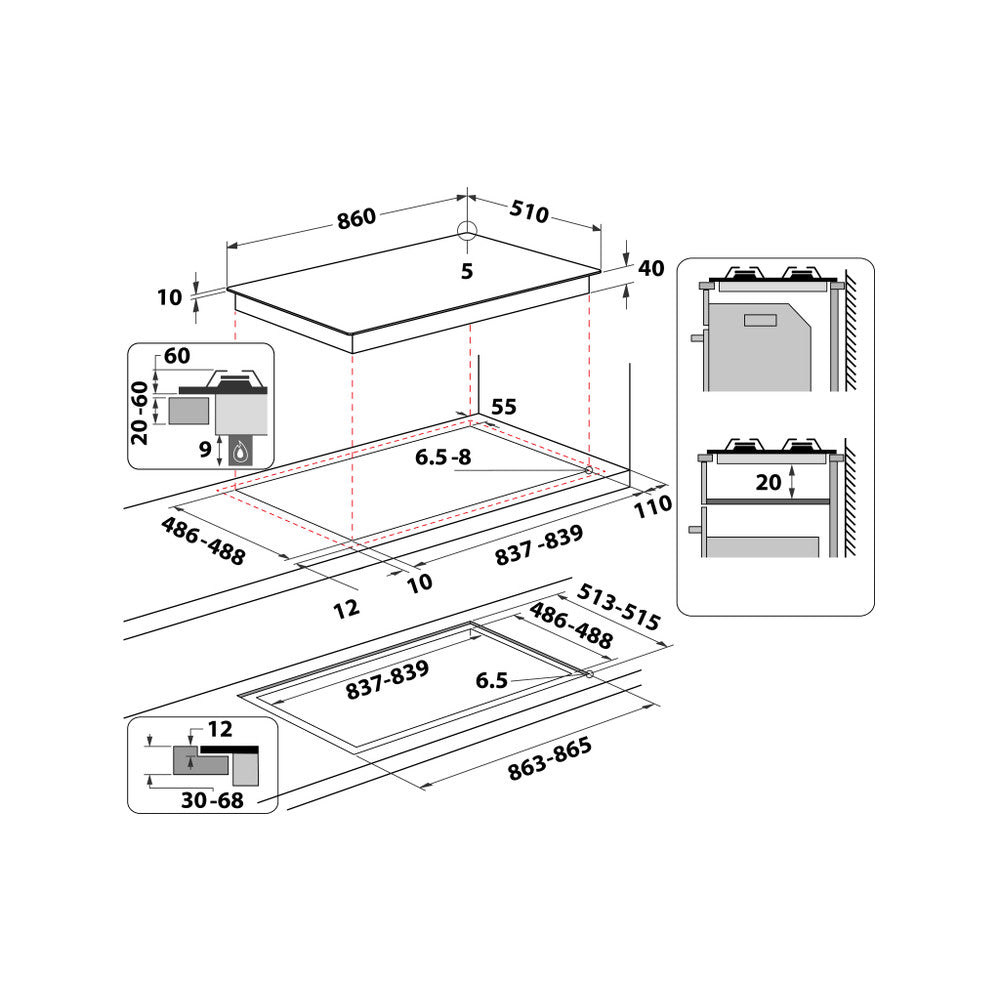 Whirlpool 90cm 5 Burner Gas On Glass Hob - GOA9523NB1