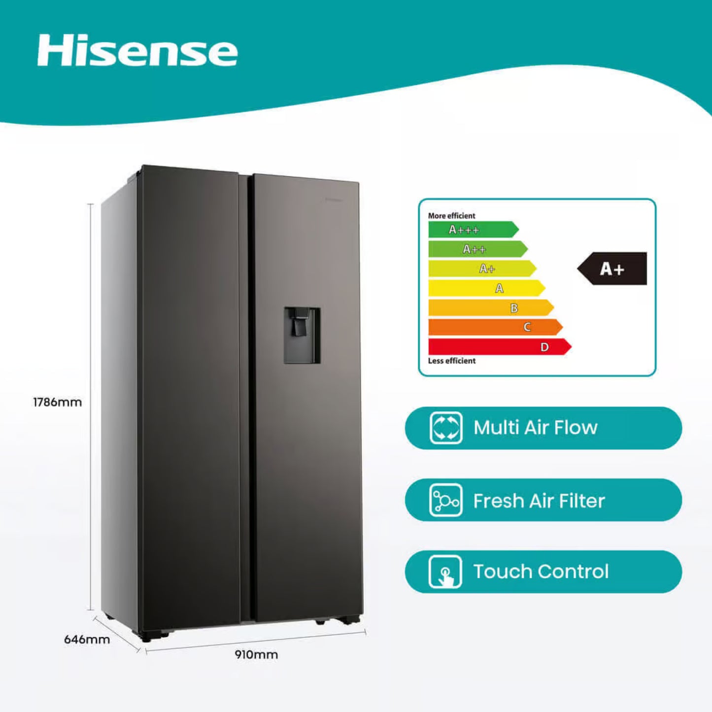 Hisense 508L Side by Side Fridge/Freezer With Water Dispenser - Metallic - H670SIT-WD