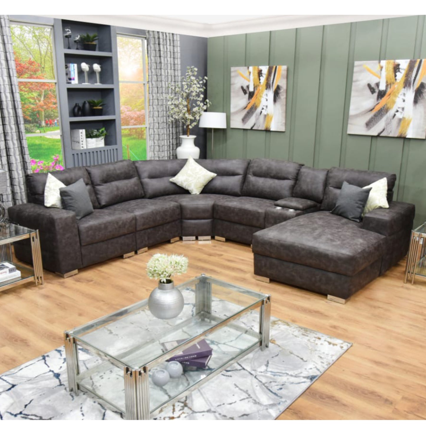 Kristen 6 Piece Corner Lounge Suite With Daybed + Console - Fabric