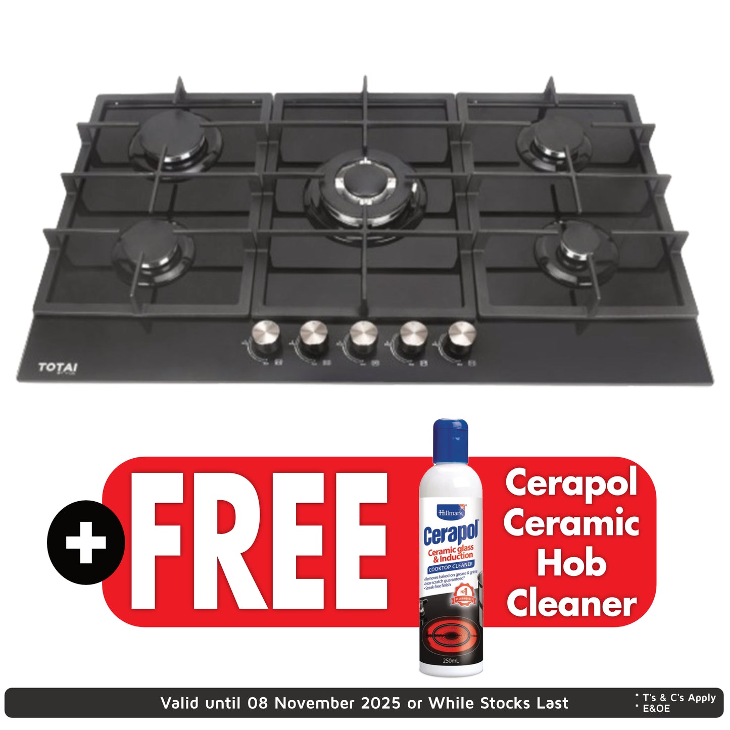 Totai 90cm 5 Burner Gas On Glass Hob - 03/TS5BNR-GG