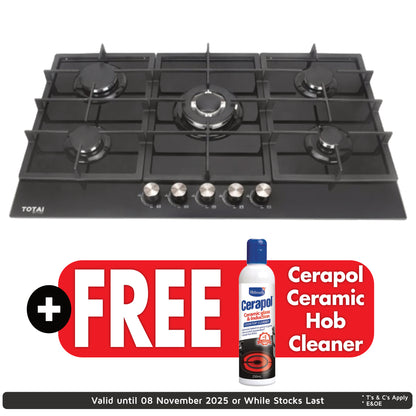 Totai 90cm 5 Burner Gas On Glass Hob - 03/TS5BNR-GG