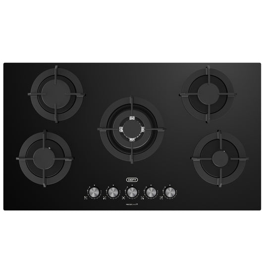 Defy 90cm 5 Burner Built-in Gas-On-Glass Hob with Wok - Black - DHG905