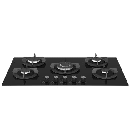 Defy 90cm 5 Burner Built-in Gas-On-Glass Hob with Wok - Black - DHG905
