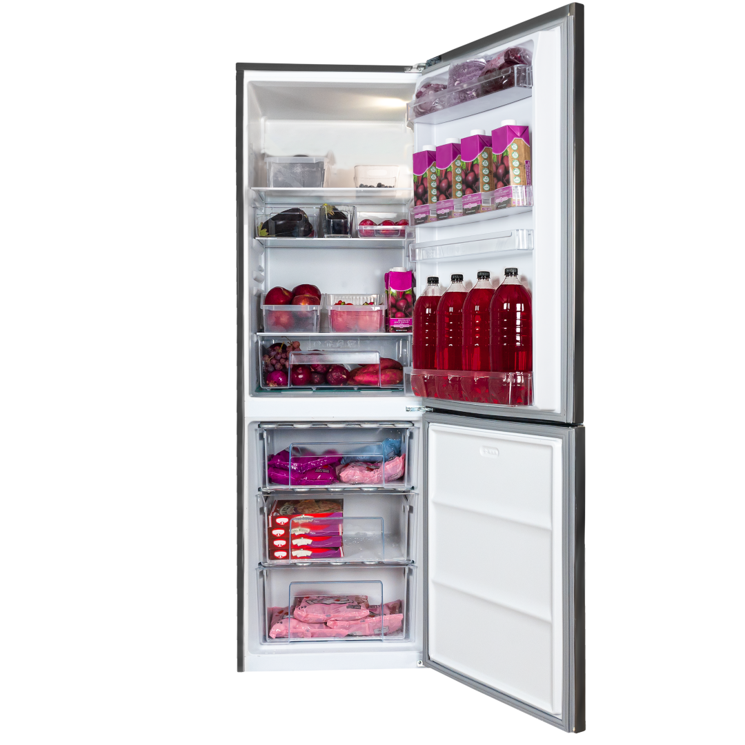 KIC KBF639GR Fridge Freezer Open with Food - Ismails Furnishers