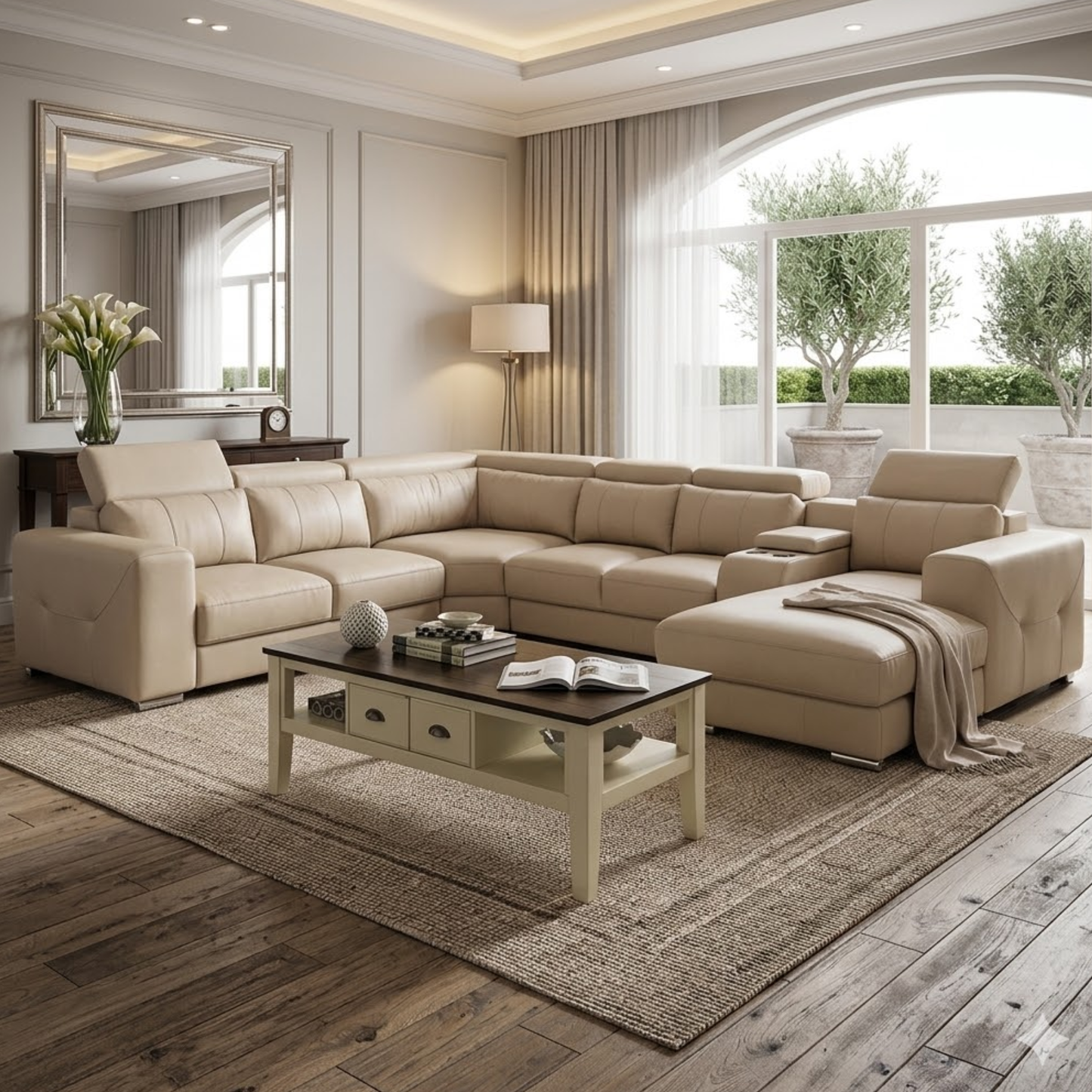 Rome 5Pce Corner Lounge Suite with Daybed - Genuine Leather All-Over